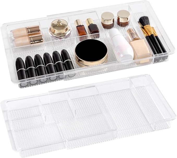 Oubonun Expandable Drawer Organizer 11.1â to 19.2â Width, Shallow Cosmetic Organizer 1.3â Height, 2 Packs, Clear Plastic Storage Trays for Dressing Table,Bathroom