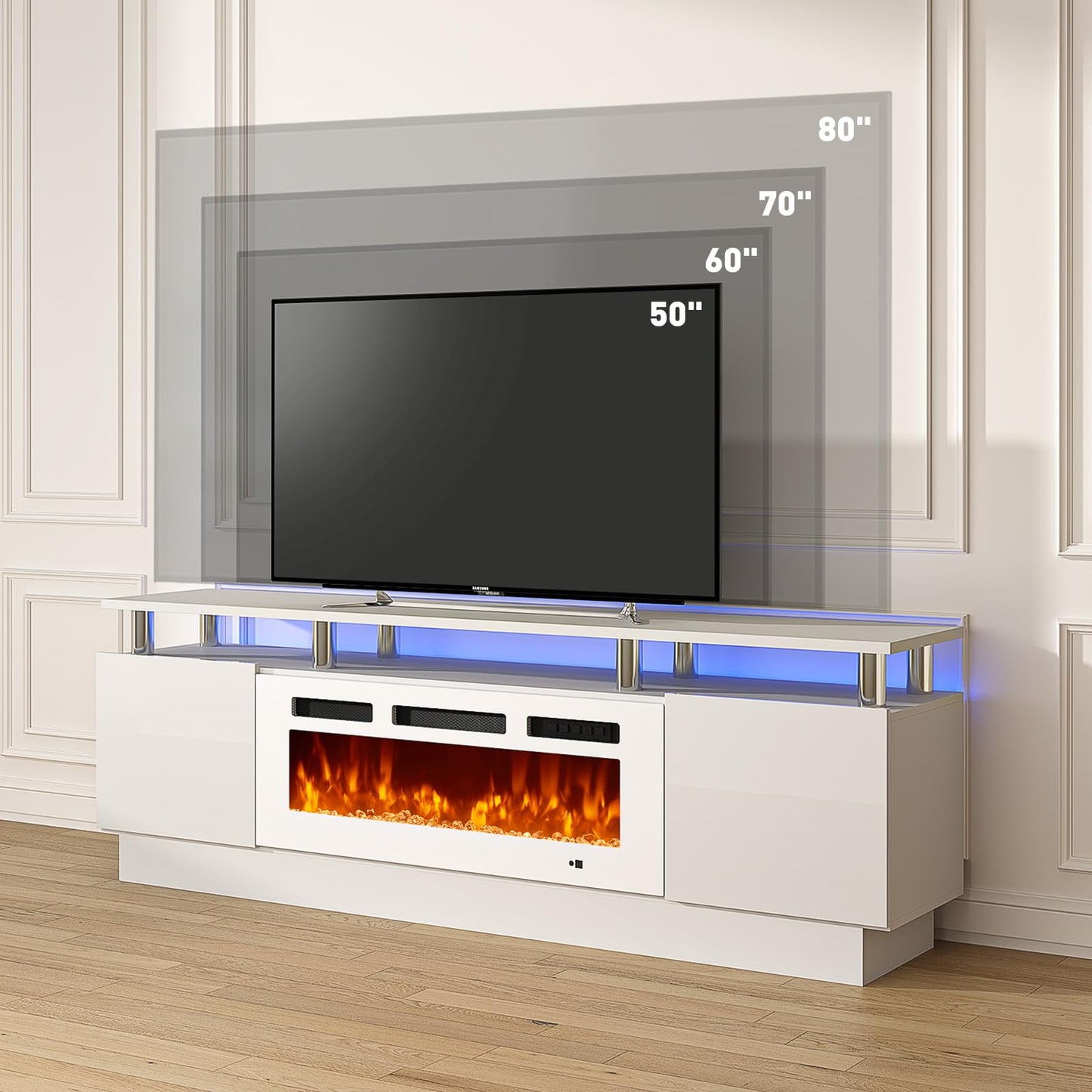 MXV 70" Fireplace TV Stand, Modern Entertainment Center & 36 Inch Electric Fireplace with Remote Control, LED Light, Fire Place Tv Stand for Living Room for TVs up to 80", White + White