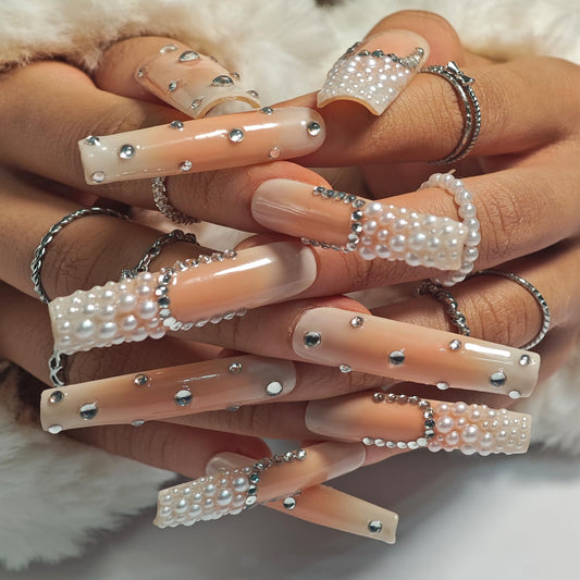Handmade Square Press On Nails, French Tip Long, Rhinestone Pearl Ombre Nude for Women Gift, Reusable Stick On Fake Kit With Glue (NudePearl, S)