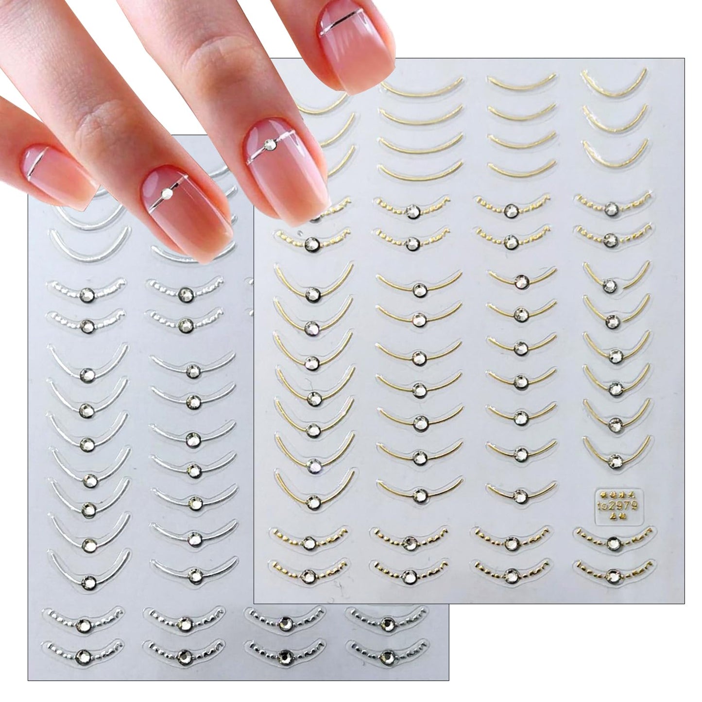 2 Sheets French Line Nail Art Stickers - 5D with Crystal Diamond Nail Stickers Simple Gold and Silver Line Nail Decals French Nail Designs Women's Nail Art Decoration