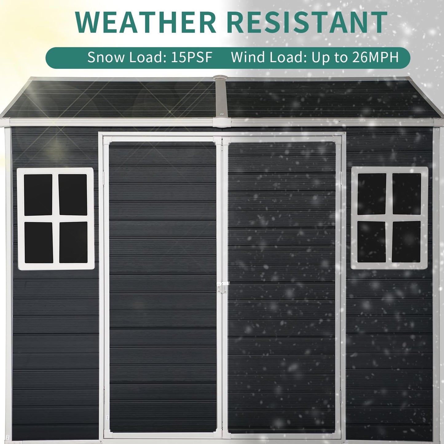 KEIKI 8x4FT Outdoor Resin Garden Shed with Floor and 2 Windows, Waterproof Plastic Tool Storage with Lockable Door for Garden Tools, Bicycles, Trash Cans, Black