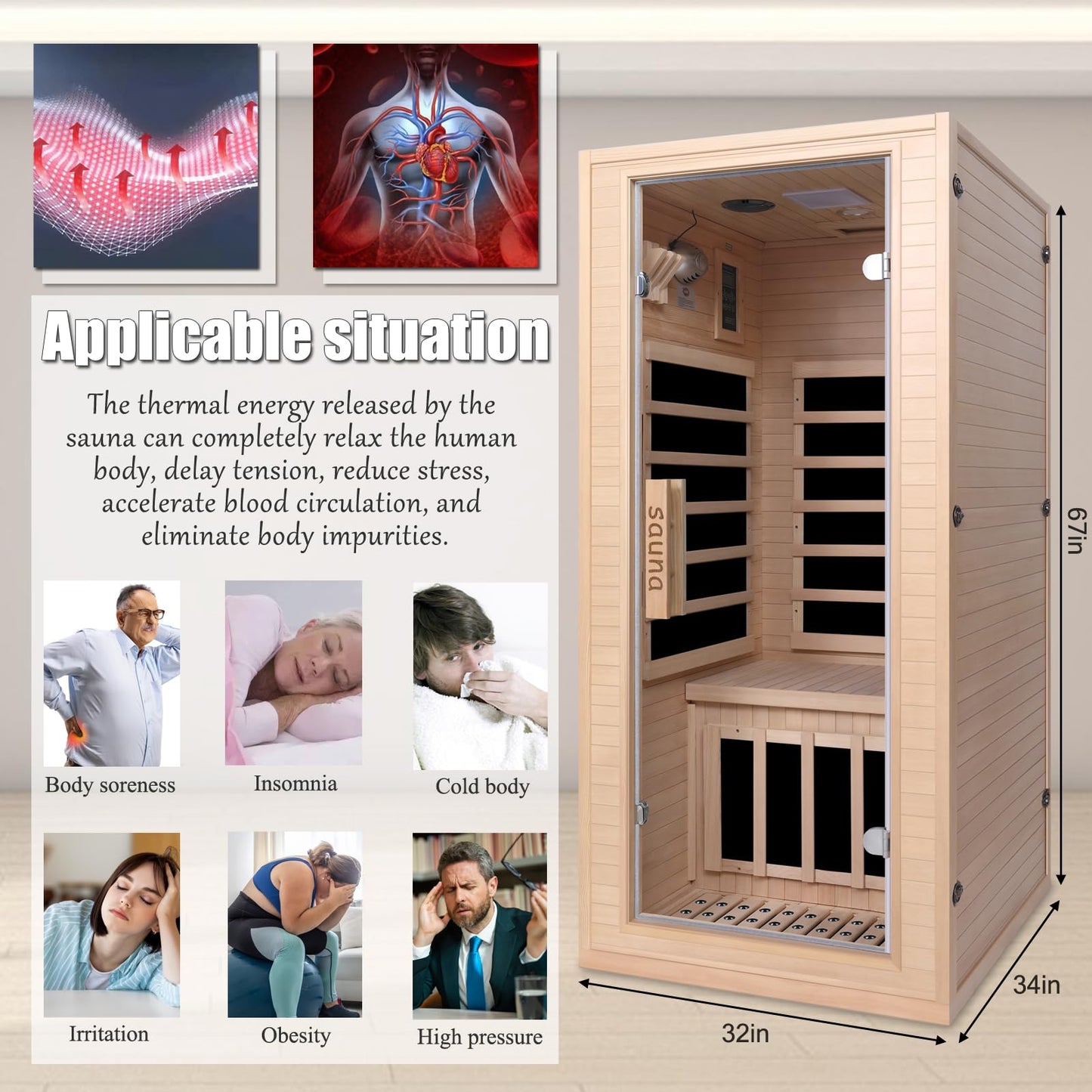 Homsido Infrared Home Sauna Room 1 Person Hemlock Wooden Indoor Dry Sauna，Low EMF 1200W/110V Heaters Panels,LCD Control Panel,10 Minutes Pre-Warm up,Time and Temp Pre-Set,1-Year Aftersale