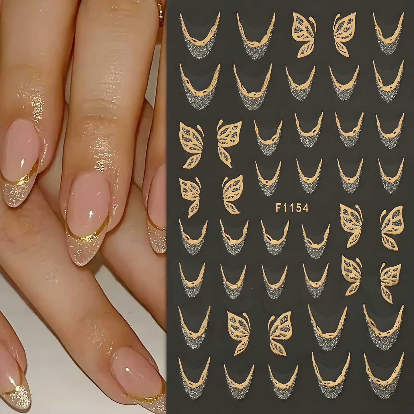 French Line Nail Art Stickers Golden Glitter French Tip Nail Decals Nail Art Supplies 6PCS Stripe Tape Wave Butterfly Nails Adhesive Sliders Manicure Sticker for Nails Women Daily DIY Nail Decorations