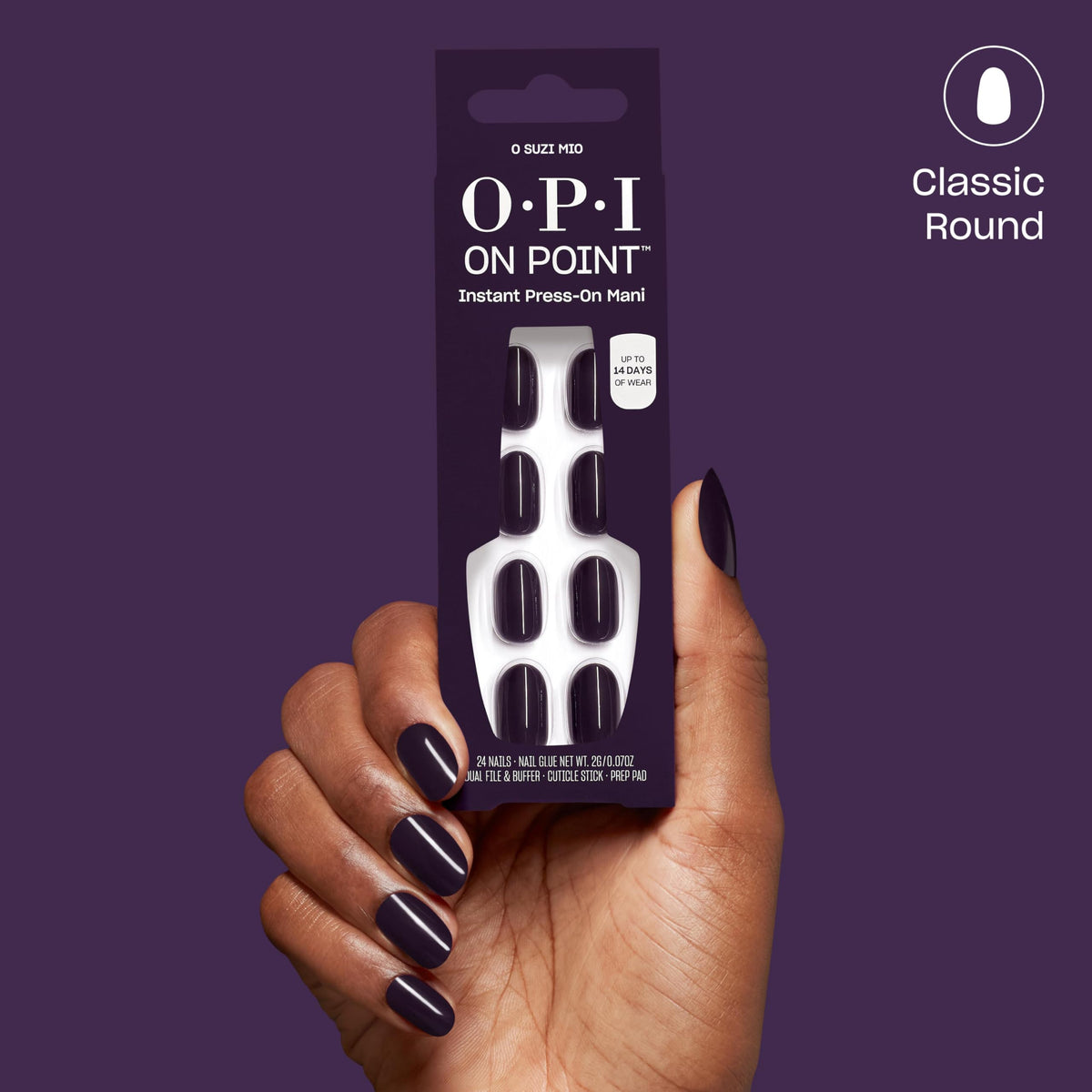 OPI On Point O Suzi Mio | Short Round Dark Purple Press On Nails | 24 Count with Nail Glue | Long Lasting, Reusable, Non-damaging | Fall 2025 Shades