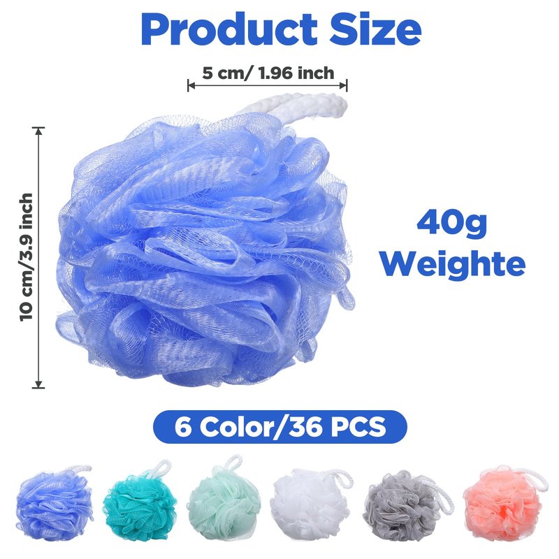 36 Pcs Bath Sponge Shower 40g Loofahs Bulk Bath Luffas Exfoliating Body Scrubber Pack Soft Colorful Mesh Balls Puff Bathing Accessories for Men and Women Exfoliating Sponge