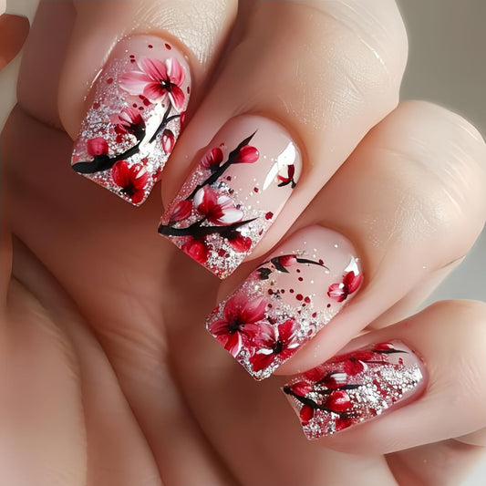 CJDLTS Pink Flower Press on Nails Medium Square Nails Pink Press Nails Spring Floral Stick on Nails Ful Cover Acrylic Nails Glitter Powder Sequins Design Artificial Nails 24Pcs Glue on Nails for Women