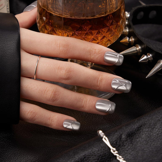 VSALON Square Short Press on Nails, Silver Gray 3D Urban Punk Style Cat Eye Glossy Glue on Nails, Reusable Opaque Gel Fake Nails, 32 pcs in 16 Sizes with Glue & Cuticle Oil False Nails Kit