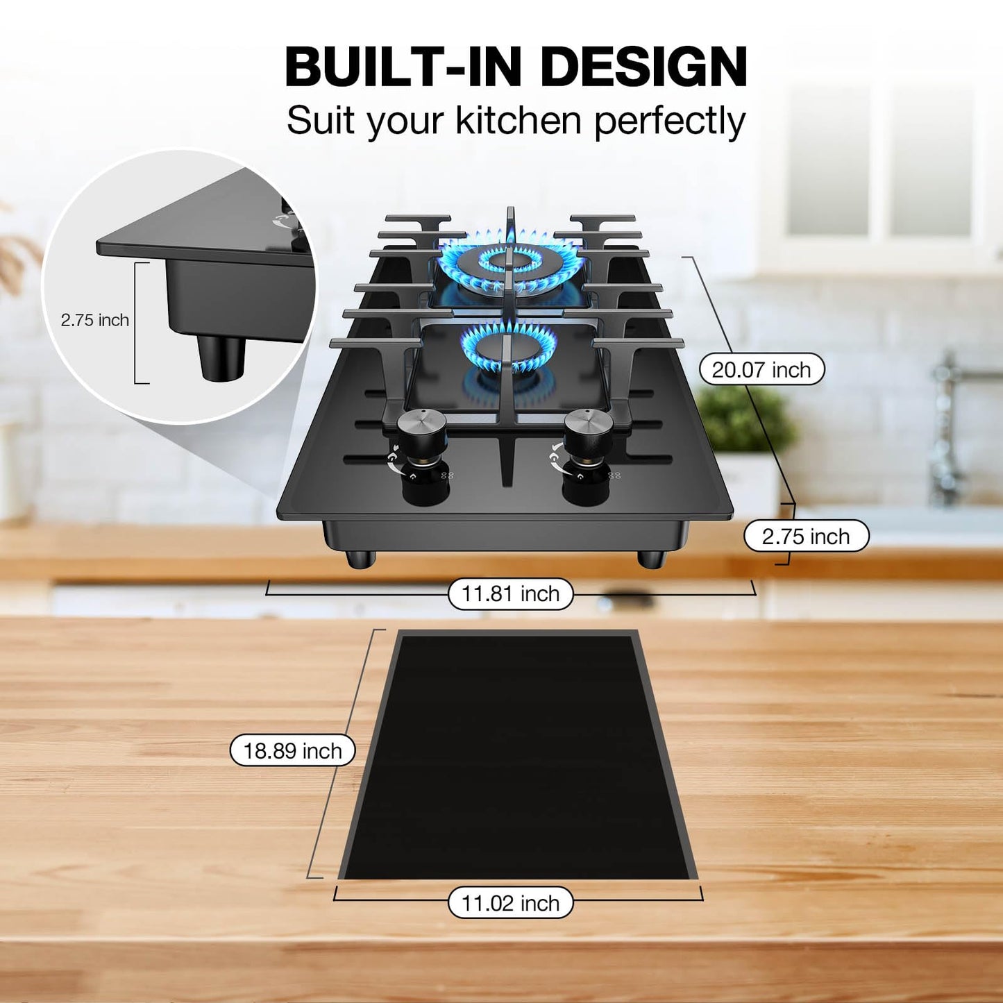 Nafewin 2 Burner Gas Stove Propane Cooktop, Tempered Glass Gas Cooktop 12 inch Stainless Steel Gas Burner with Thermocouple Protection, Lpg/Ng Dual Fuel Built-in Gas Stove Top for Apartments, Rvs