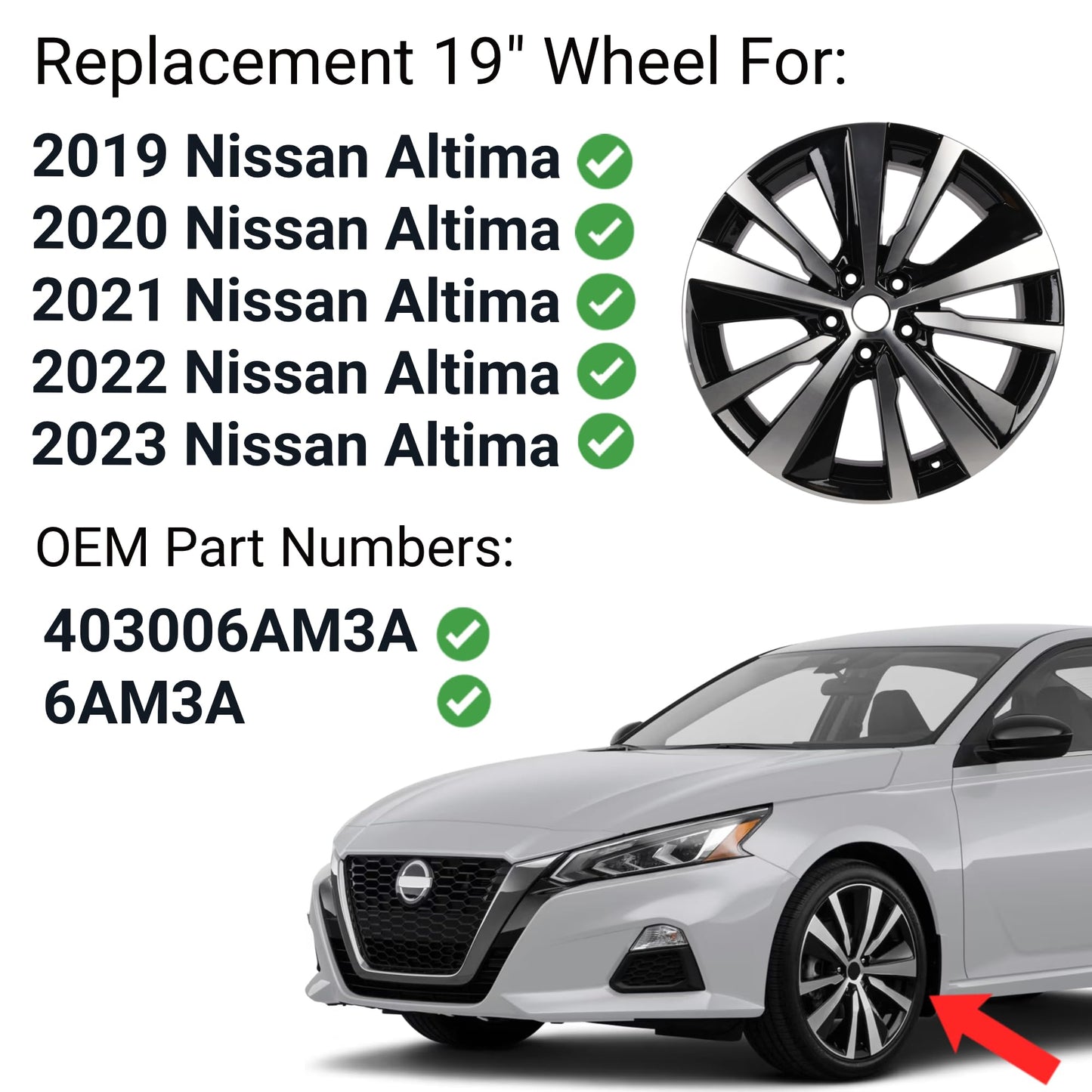 New Replacement 19 Inch Wheel For Nissan Altima Platinum SR SL SV S Edition ONE OEM Style Aluminum Alloy Rim for 2019 2020 2021 2022 2023 | 19x8" | Gloss Black w/Silver Finish - 403006AM3A 6AM3A