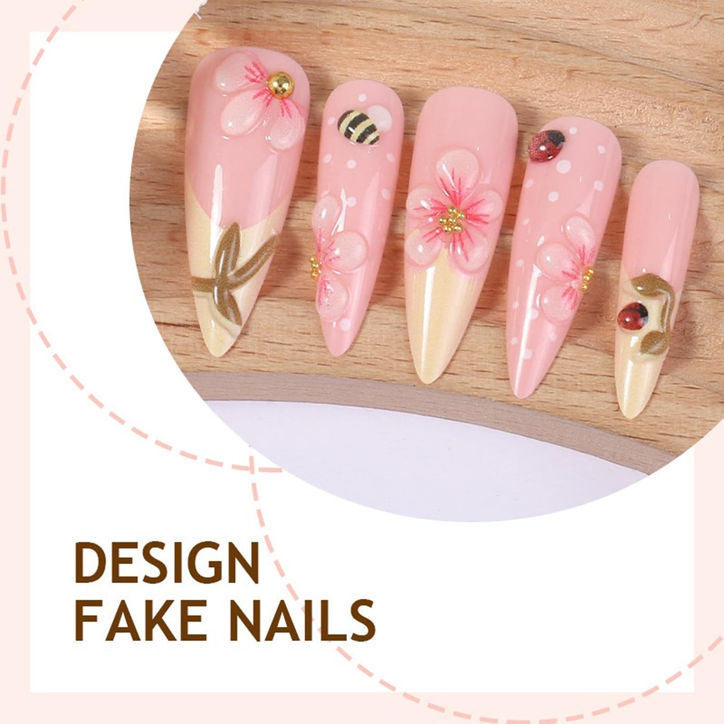 Stiletto Press On Nails Long Fake Nails Flower With Polka Dot Design French Tip Fake Nails Full Cover Summer Acrylic Nail Artificial Reusable Stick On Nail For Women 24pcs