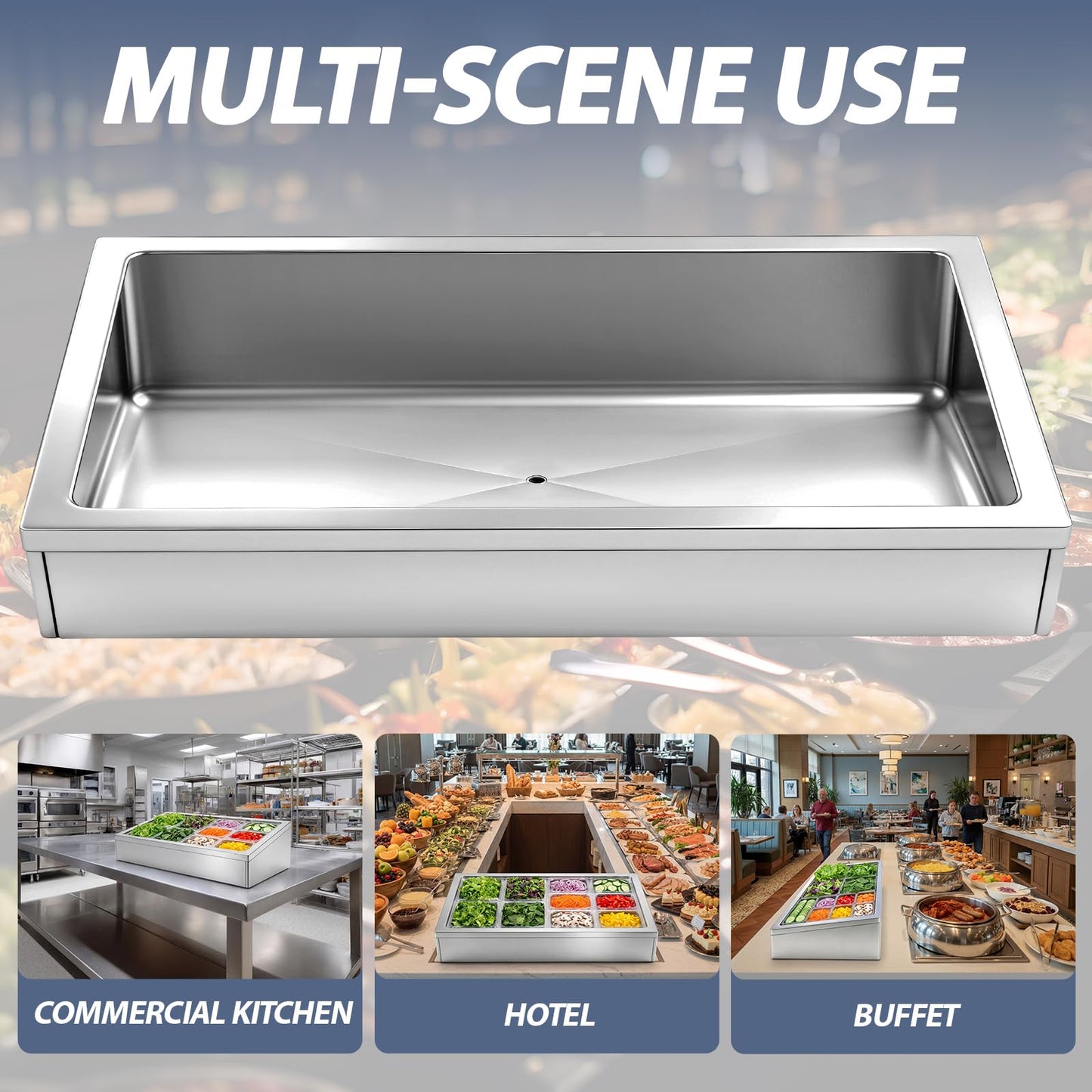 Otoolling Large Ice Food Buffet Server, 48" L x 24" w x 8" h Cold Commercial Stainless Steel Buffet Tray with Cooling, Insulated Chilled Serving Tray for Food, Seafood, Fruit Display