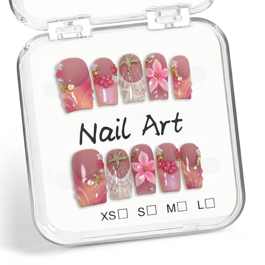 Handmade Press on Nails Square Shape Luxury Medium Handmade Nails with Flower & Starfish Design Pink Gradeint French Tip False Nails Muti-Layer Gel Stick on Nail for Women 10Pcs (M)