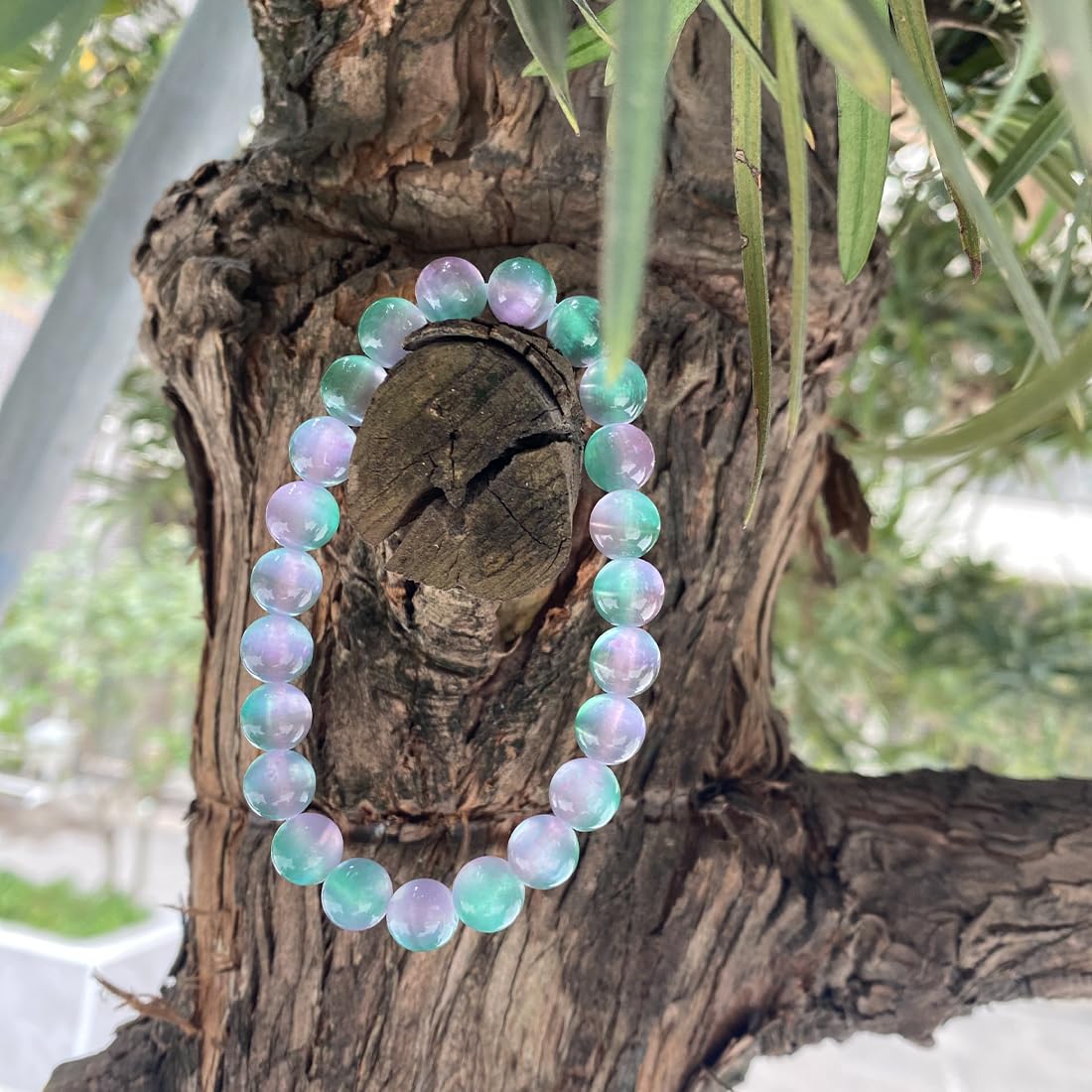 8mm Selenite Bracelet | Color-Coated Purple and Green Natural Crystal | Handmade Meditation Bracelet for Women Men | Iridescent Rainbow Effect | Beading Tool Kit - Adjust to 6.5-7.5 inch Wrist Size