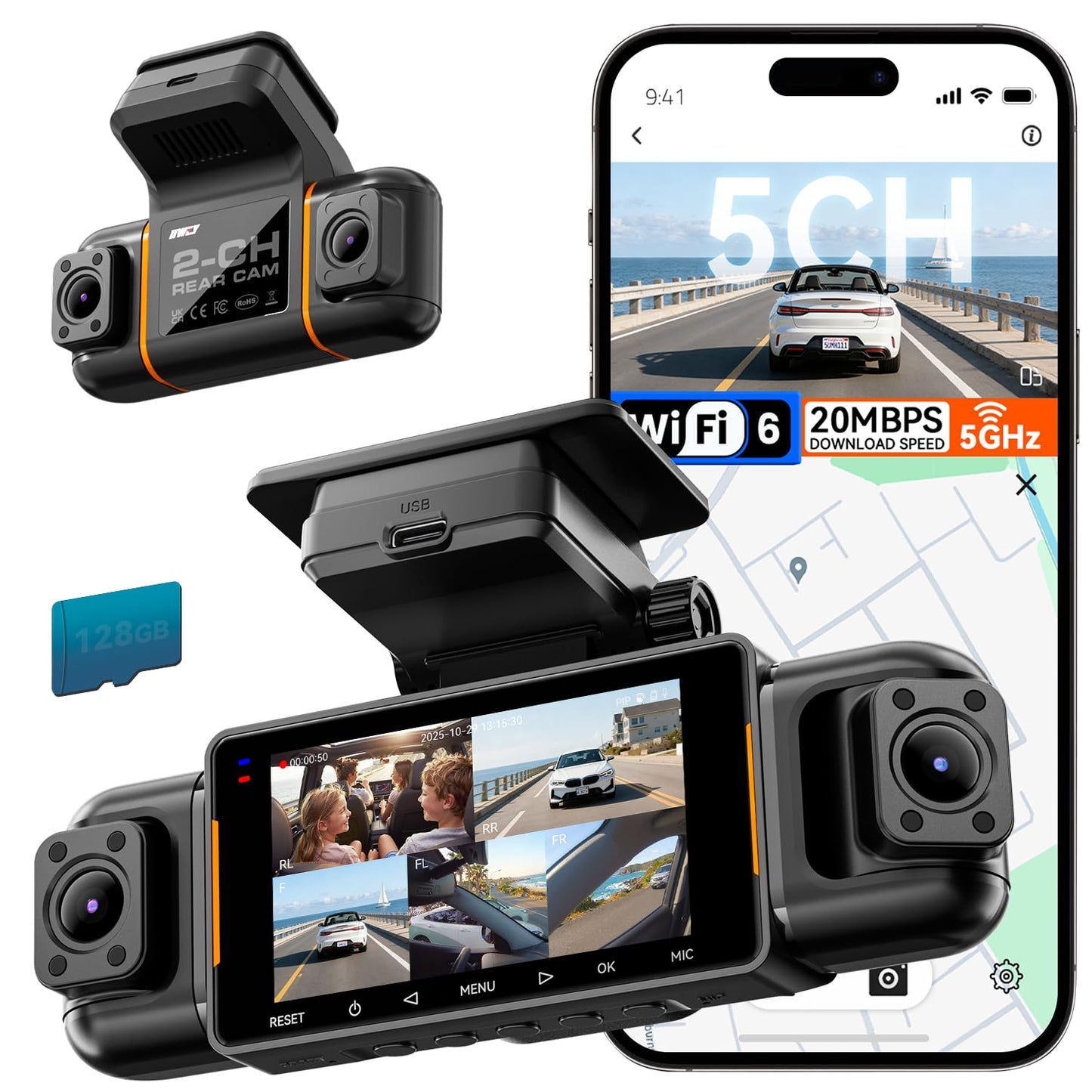 IIWEY N9 5 Channel Dash Cam 360° View, 5.8G WiFi-6 with App, Free 128GB Card, FHD Front & Rear Inside, Left, Right Dash Camera for Car, 12 IR Lights Night Vision, GPS, 24/7 Parking Mode, G-Sensor