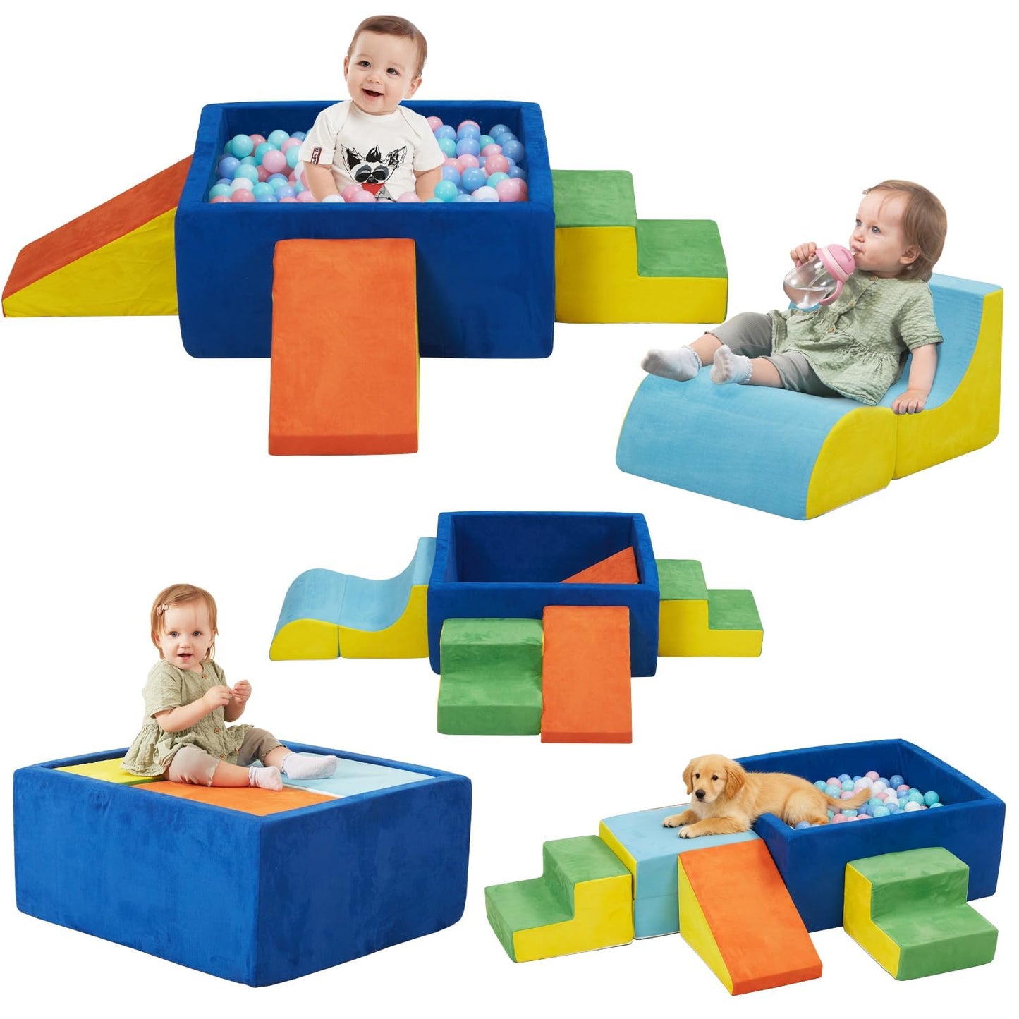 MOOZHEALTH Foam Climbing Blocks for Toddlers, 6-Piece Soft Play Set with Ball Pit, Modular Baby Climbing Toys Indoor, Washable & Foam Playset for Crawling, Sliding & Balance (Balls Not Included)