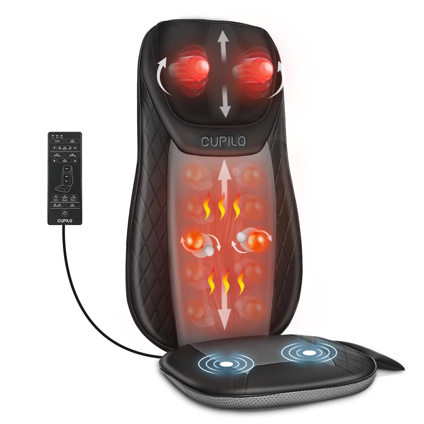 CuPiLo Shiatsu Neck & Back Massager with Heat, Massage Chair Pad Cushion for Stress Relief, Inflatable Flaps Back Support, Kneading or Rolling Chair Seat Massage,Ideal Gifts for Men,Women,Family