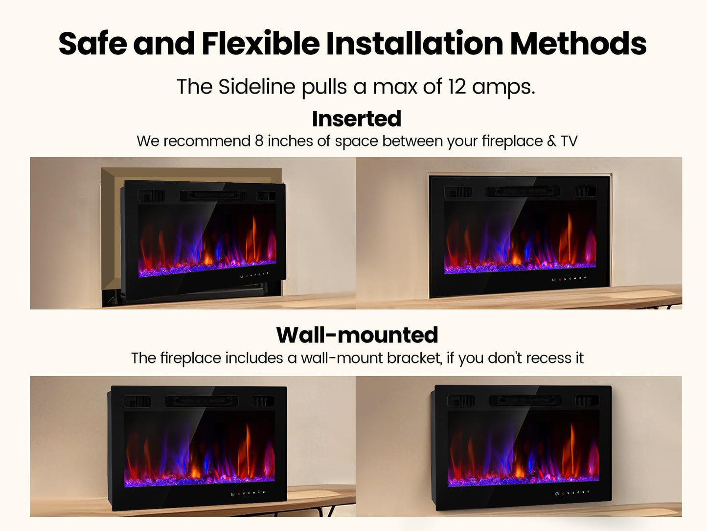 Electric Fireplace Insert 36" Realsmart 1500W Wall Mounted Fireplaces Recessed Heaters Remote Control Slim Black Fireplace Touch Screen Timer 12 Flame Colors LED Decor Low Noise