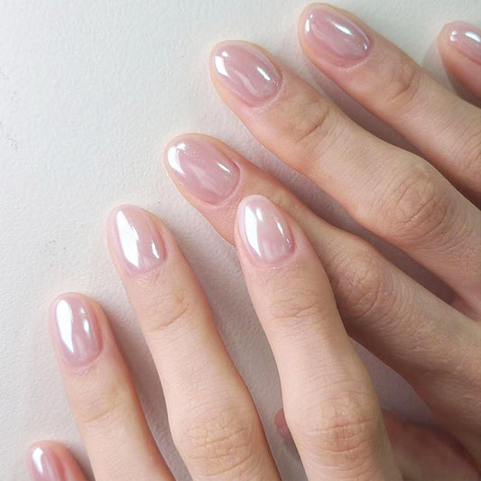 Press on Nails With Chrome Design, Glossy Nude Pink Fake Nail, Short Oval False Nails Mirror Glue on Nail, Natural Stick on Reusable Acrylic Fingernails for Women Daily Wear