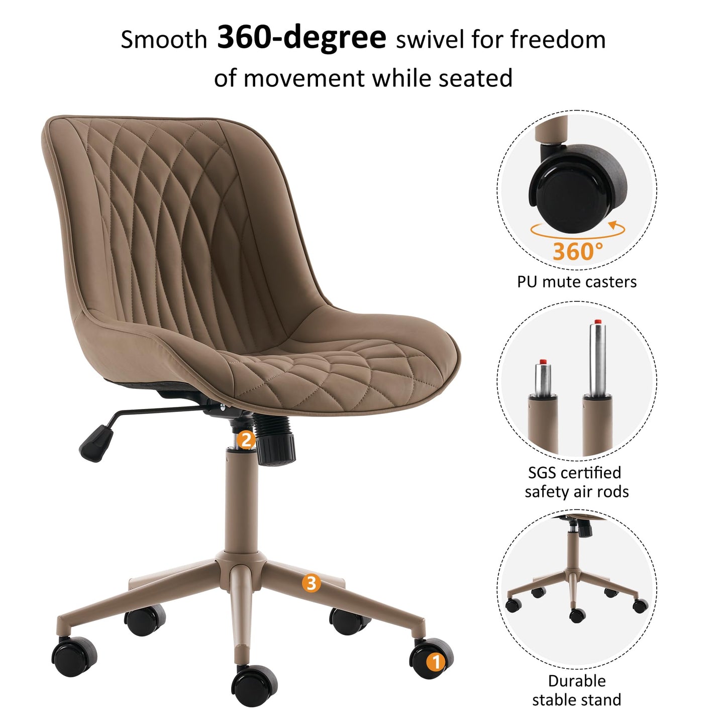 YOUNIKE Khaki Home Office Desk Chair No Arms Comfy Small Vanity Chair Chair with Wheels Swivel Adjustable Modern Ergonomic Task with Back Armless Cute Leather Upholstered Rolling Chair