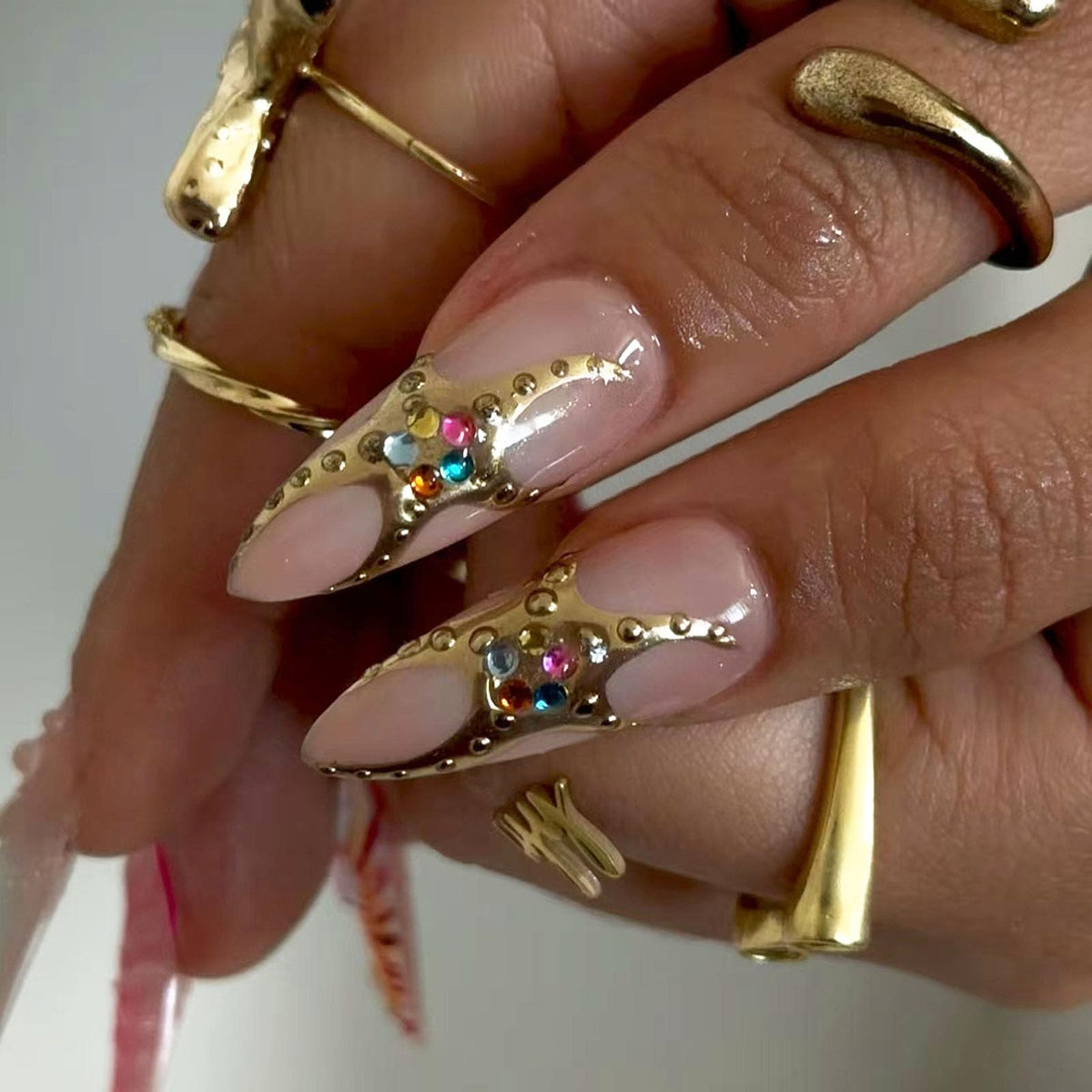 IMSOHOT Press on Nails Almond Medium Fake Nails - 3D Flowers, Golden Star, Rhinestone Designs, Glossy Full Cover Glue on Nails Acrylic Artificial False Nails for Women Manicure Decorations