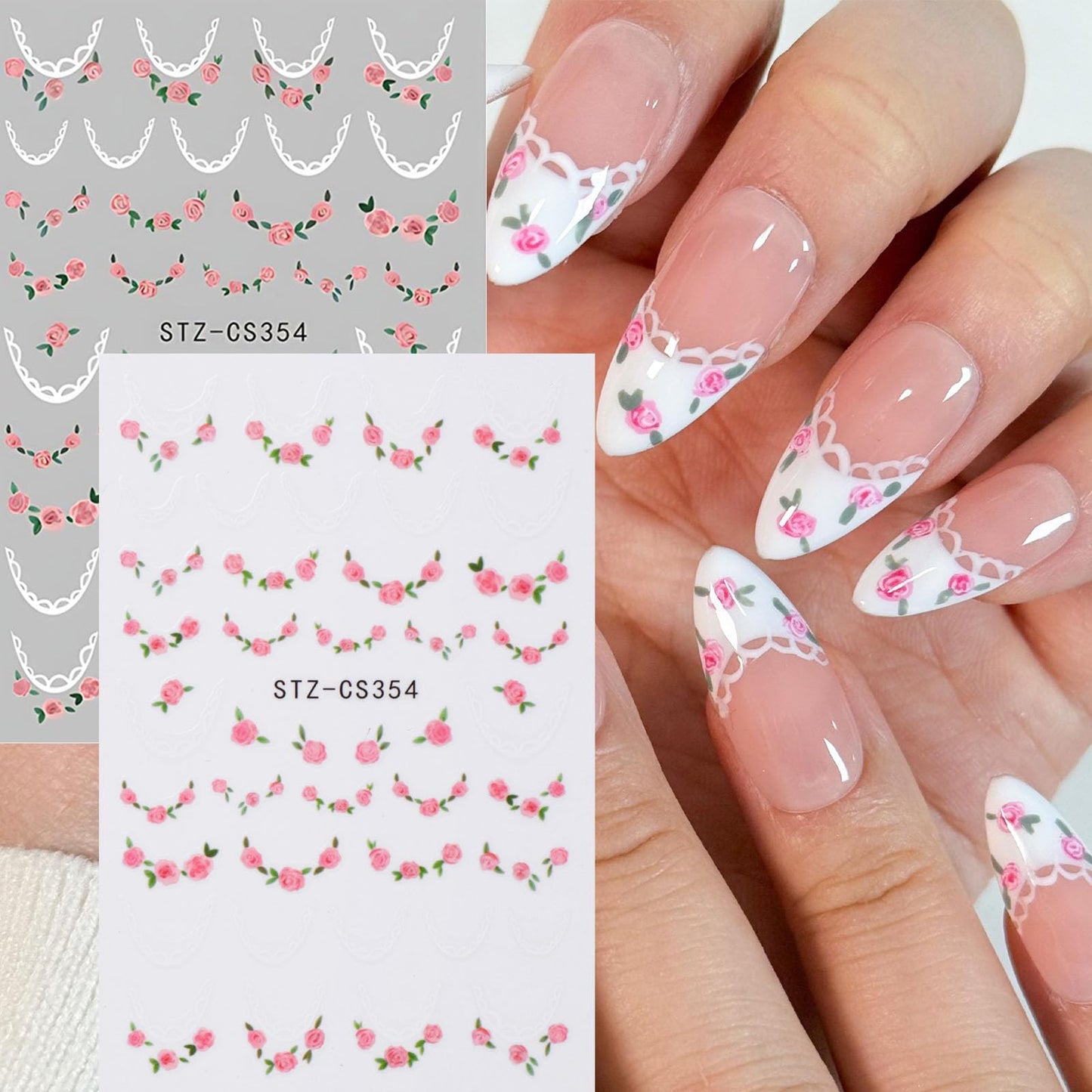 5pcs Flower Nail Stickers With Tweezers, Mini Jasmine Rose Hibiscus Wildflower French Lace Self-Adhesive 3D Floral Nail Decals For Women Girls, Spring Summer Nail Supplies For DIY Manicure Decorations