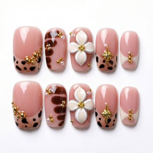 MikaJayboo Handmade Press n Nails Medium Square Nude Pink Leopard Print Fake Nails with 3D Flower Gold Bead for Women Glue on Nails for Daily Party 10Pcs(Size M)