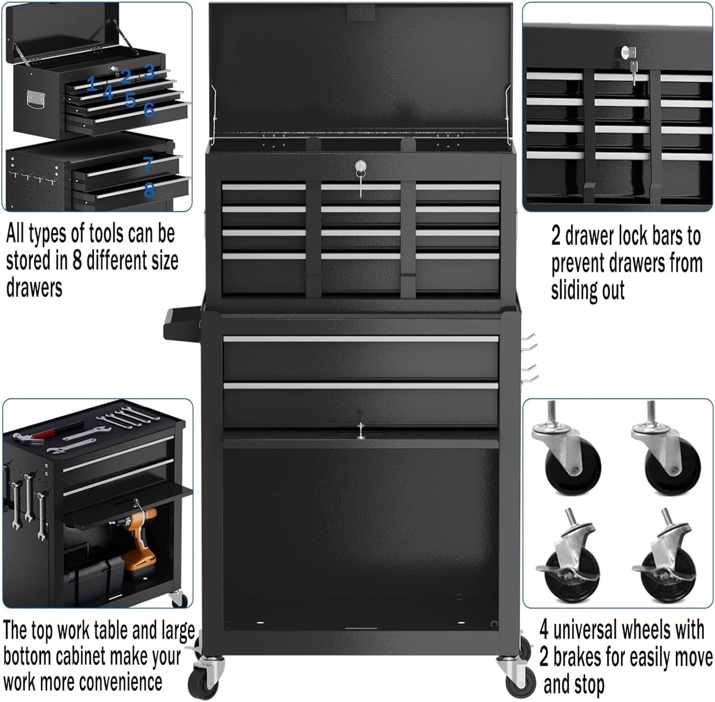 8-Drawer High Capacity Rolling Tool Box with Wheels,Rolling Tool Chest with Drawer,Tool Box on 4 Wheels with Lock, Tool Storage Cabinet Removable Portable Box for Garage Warehouse (Black)