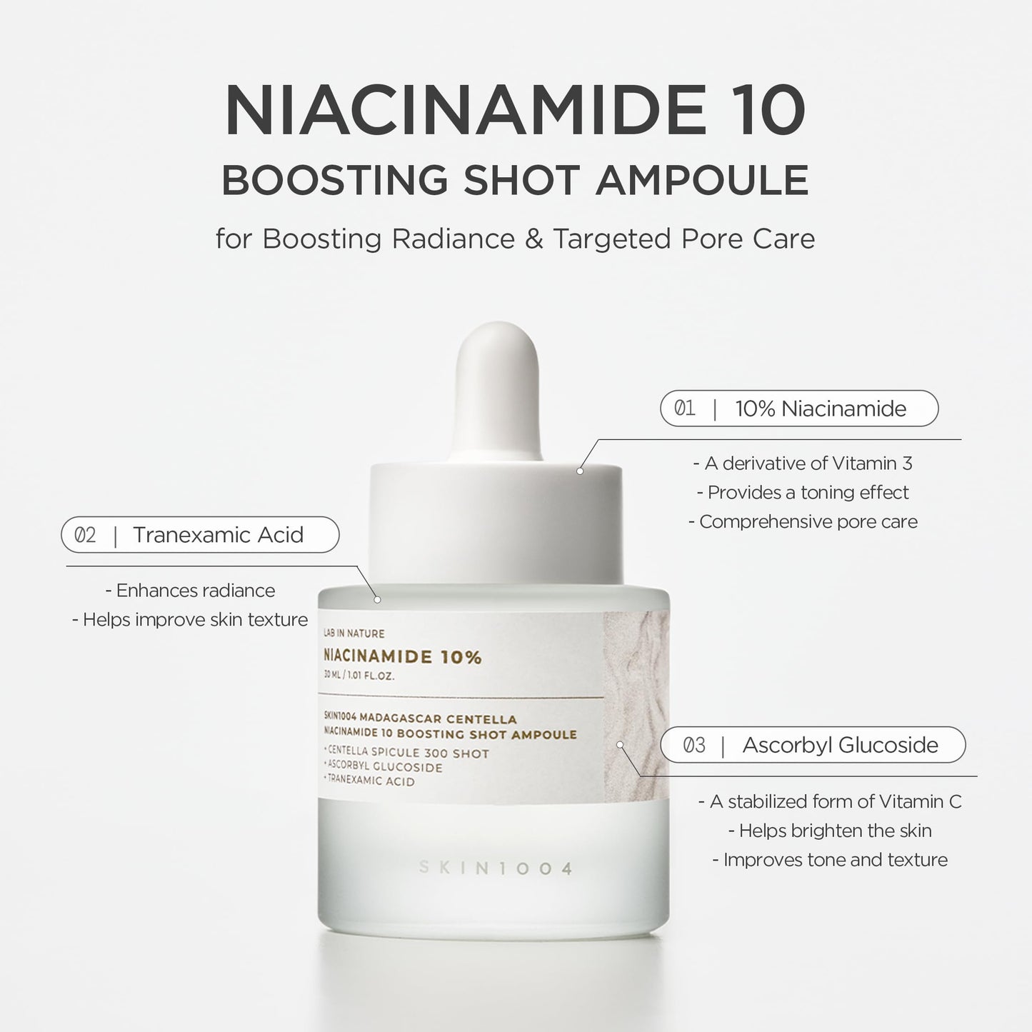 SKIN1004 Niacinamide 10% Boosting Shot Ampoule, Niacinamide Spicule Serum for Face, Facial Ampoule with Tranexamic Acid, Pore Minimizer for Face, Madagascar Centella, Korean Skin Care, 1.01fl.oz/ 30ml