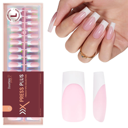 Beetles X Press Plus French Tip Nails - Candy French | Pink Long Square Press On Nails | 16 Sizes 160 Pcs Natural Salon Quality Gel Nail Tips