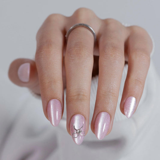 Pink Cat Eye Press on Nails Short - GJZEZ Soft Gel Pink Shimmer with Silver Bow Charm Coquette Almond Fake Nail Press ons Gifts for Women, Cute Glam Reusable Faux Nail in 16 Sizes 32 PCS, Velvet Bows