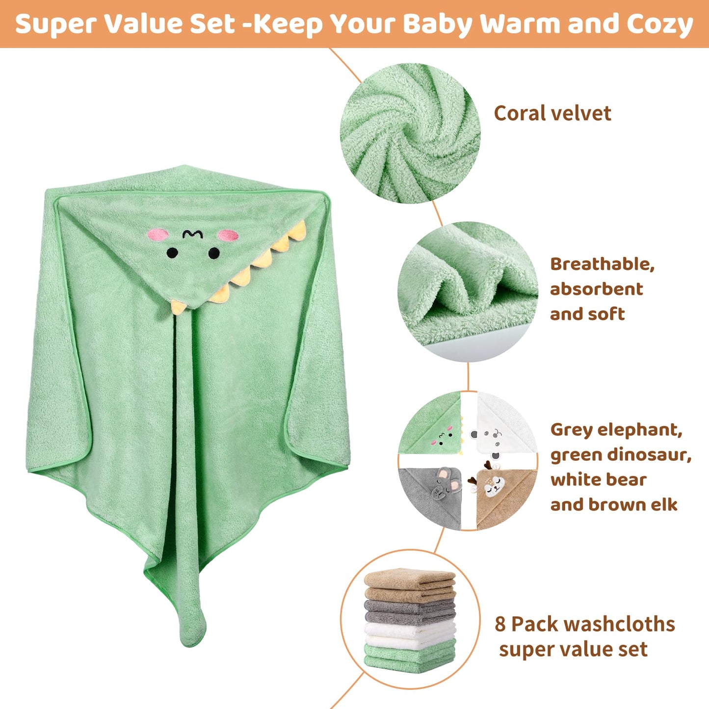 CandyHome 12 PCS Baby Bath Towels Set for Infants Toddlers, 4 PCS Animal Hooded Baby Towels & 8 PCS Washcloths Set, Ultra Absorbent Cute Soft Newborn Bath Essentials Gifts for Boys & Girls