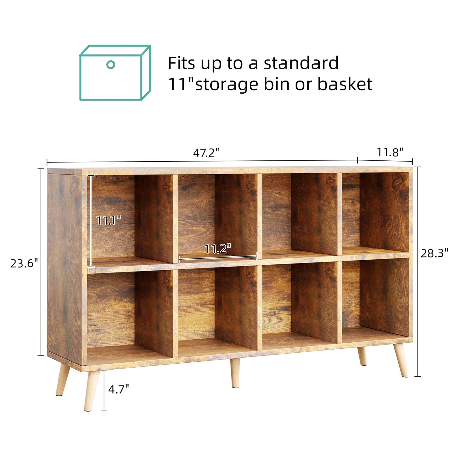 Flrrtenv 8-Cube Bookshelf 2 Tier Retro Bookcase with Legs, 11in Shelf Opening, 47" Wood Bookshelves Storage Organizer Shelf, Freestanding Open Book Shelves for Bedroom Living Room Office, Rustic Brown