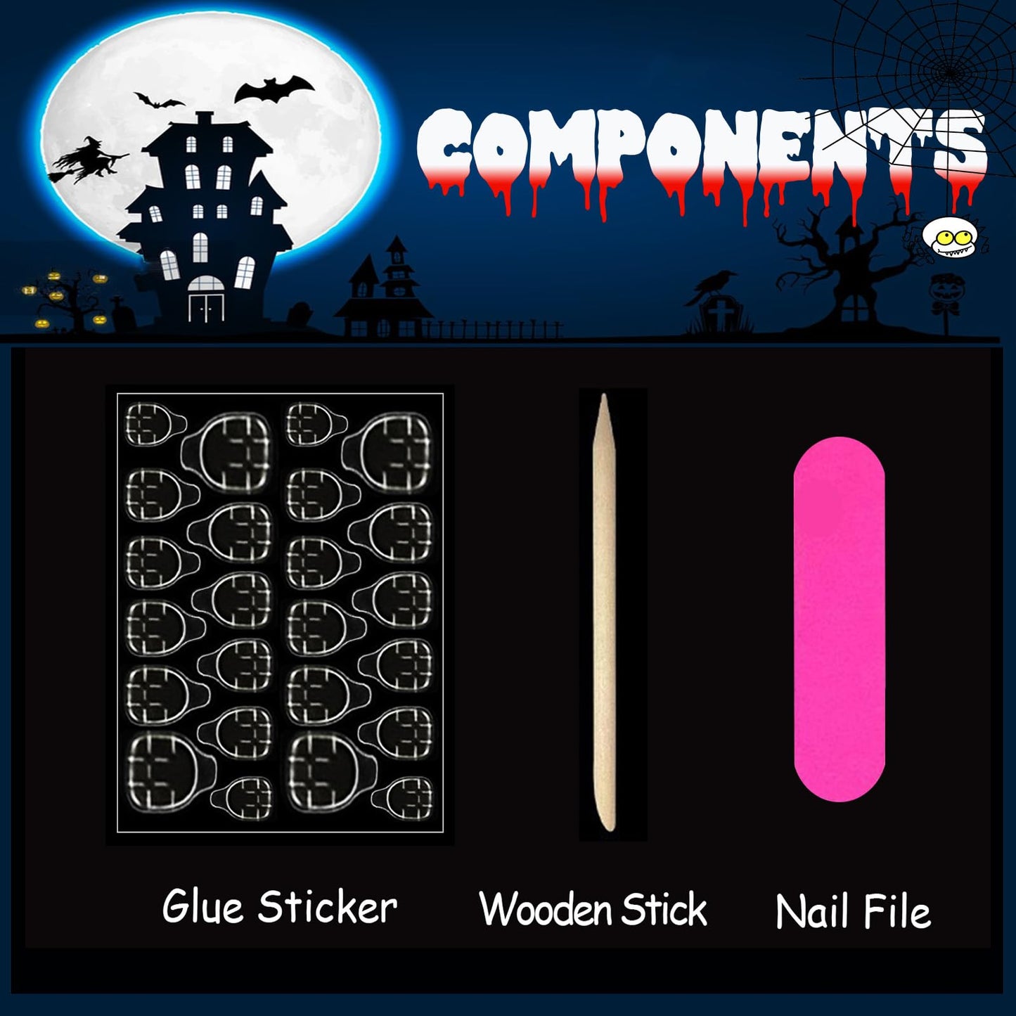 Halloween Press on Nails Long Square Fake Nails with Designs Spider Web Ghost Coffin False Nails Reusable Natural Artificial Stick on Nails for Women Manicure 24Pcs