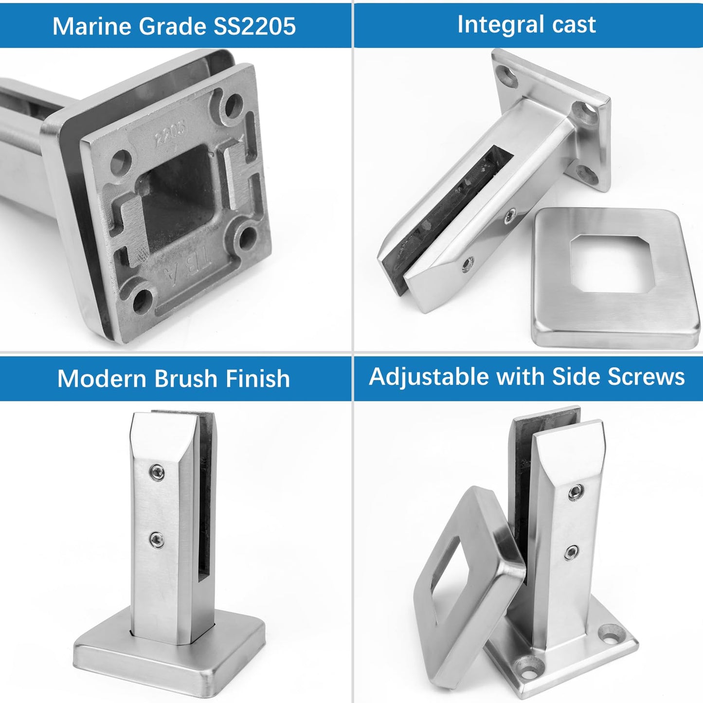 LukLoy 4 Pack NW. 2.6lb Heavy Duty Marine Grade 2205 Stainless Steel Glass Pool Fence Spigot Balustrade Railing Post Clamp for Balcony Garden Deck Handrail Brushed (4 Pack, Each NW 2.6lb) - Level 3