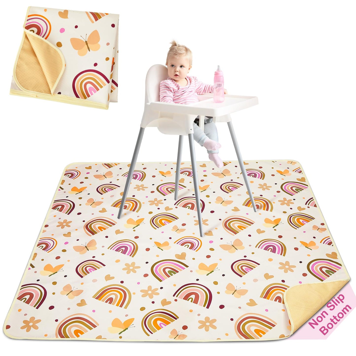 Basumee Splat Mat High Chair Mat Waterproof Baby Play Splat Mat for Under High Chair Food Catcher Highchair Mat for Floor Non Slip Bottom, Brown Rainbow, 46x42 Inches