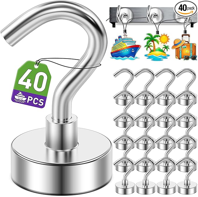 40 Pack Magnetic Hooks for 2026 Cruise Cabins Beach Vacation 30lbs+ Heavy Duty Magnet with Hook Metal Magnetic Hooks for Kitchen Fridge Grills Hanging Magnet Hooks for Classroom Locker Whiteboard