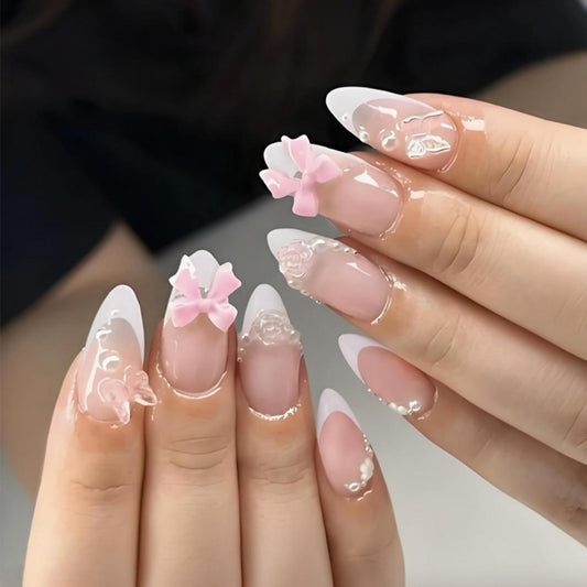 SEENEEY Almond Press on Nails Medium Fake Nails French Artificial Nail Pink Bow and Pearl Designs Cute Stick on Nail for Women 24pcs