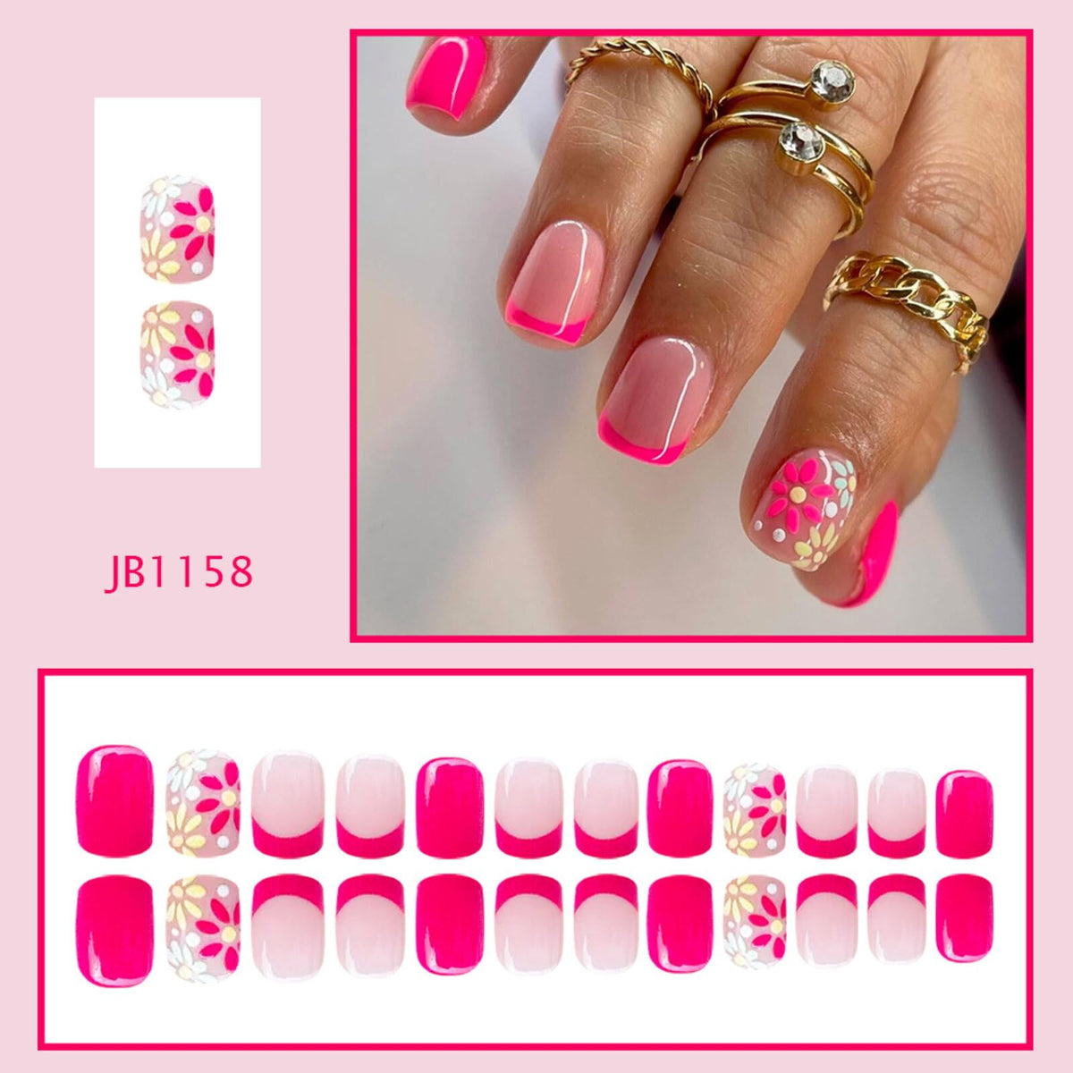 Floral Medium Square Press on Nails Nude Base Neon Pink Floral Accents French Tip Details Glossy Finish Reusable Spring Nails Easy Apply Fashion Party Wear Durable Trendy Women Girls Nail Art 24 Pcs