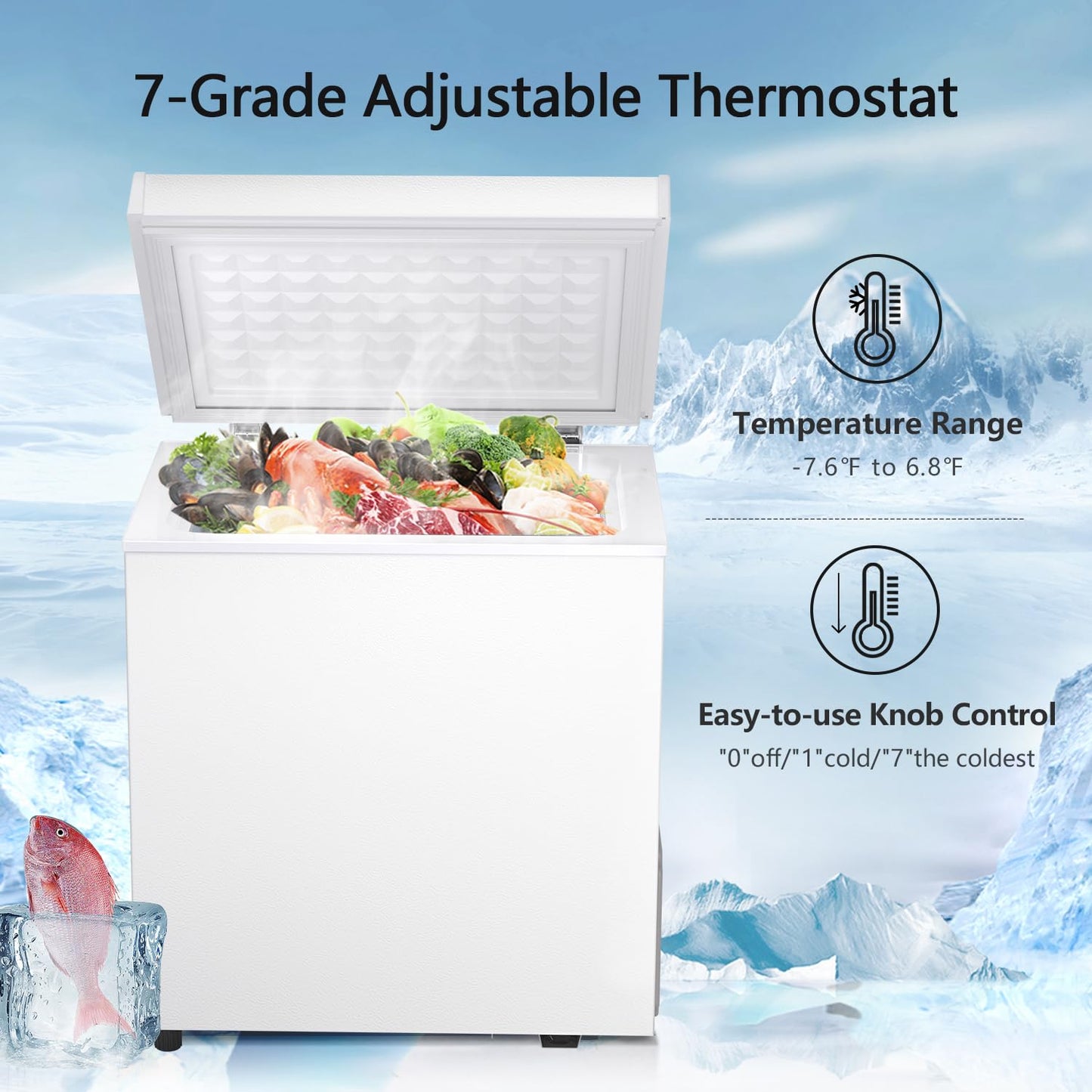 R.W.FLAME Chest Freezer 1.8 Cubic Feet, Small Mini Deep Freezer, Adjustable Temperature, Energy Saving, Top Open Door Deep Freezer, White