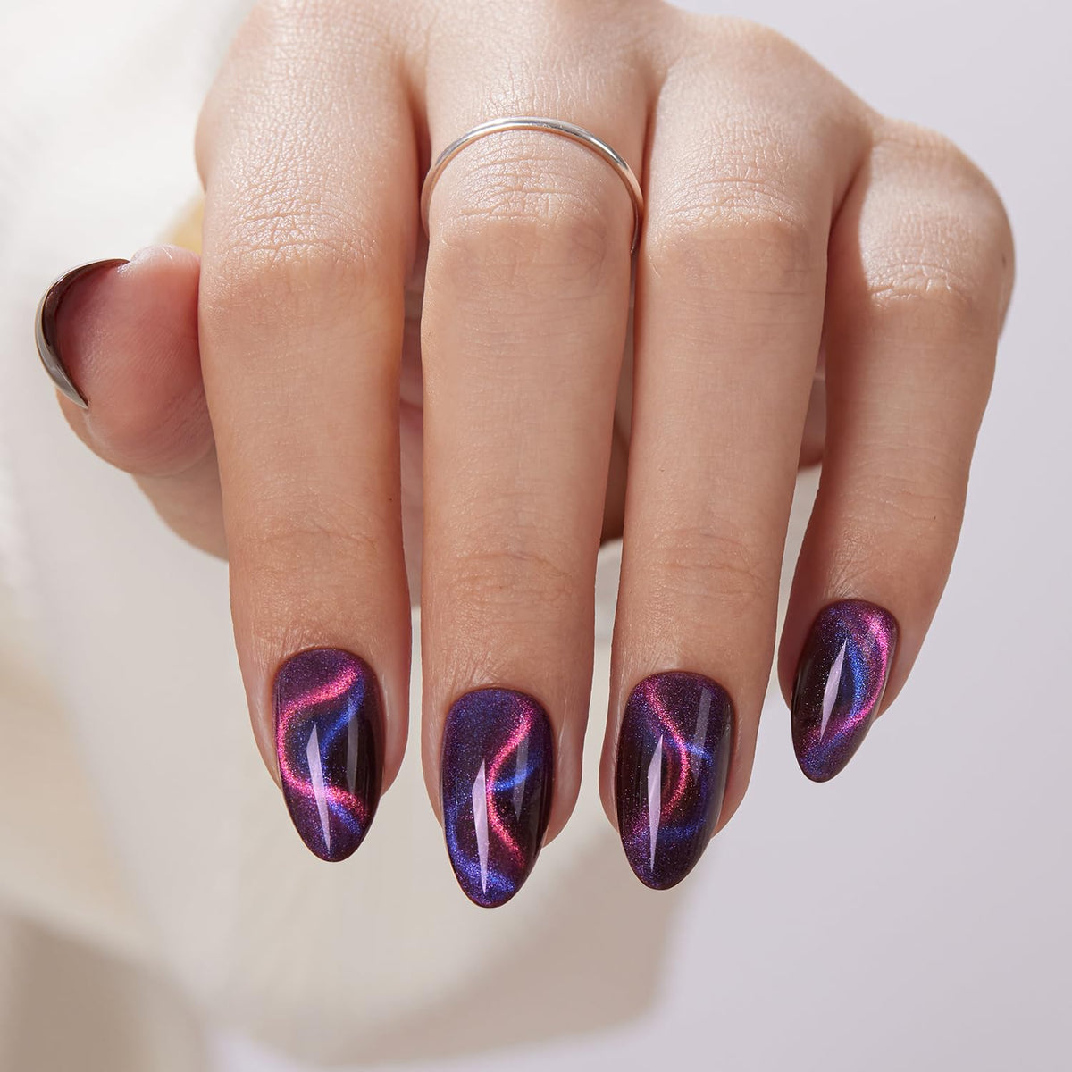 VSALON Press on Nails Short Almond - Cat Eye Fake Nails Dark Purpule Blue Sparkle Ribbon Nails, Reusable Spring Summer Opaque Gel Swirl Glue on Nails with Glue & Cuticle Oil - 32 PCS in 16 Sizes