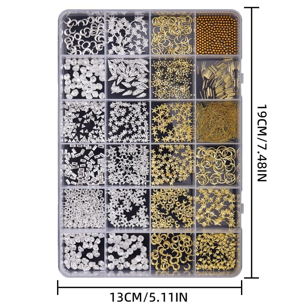 Gold Silver Nail Charms 3D Alloy Flower Nail Gems Metal Moon Star Nail Jewels Ocean Beach Starfish Seashell Gold Beads Nail Art Supplies with Tweezer for Women DIY Acrylic Nail 24 Grids 1 Box