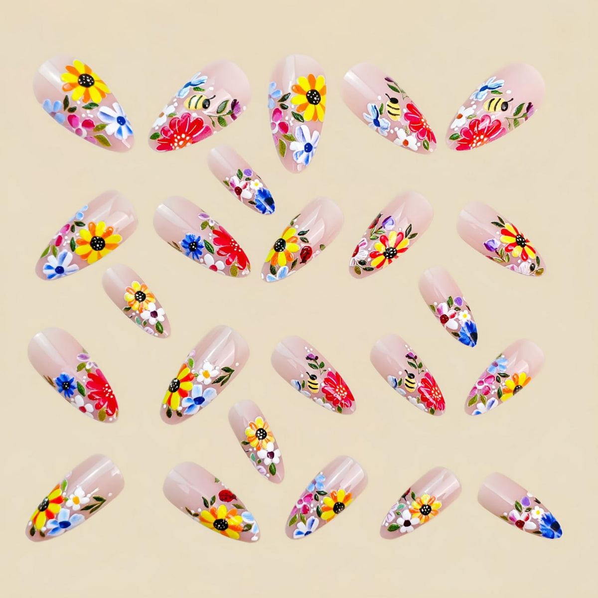 24pcs Flower Press on Nail Almond Shape Fake Nails with Colorful deisgns Stick on Nail Full Cover Nude Pink Press ones French Tip False Nails for Women Summer Glue on Nails