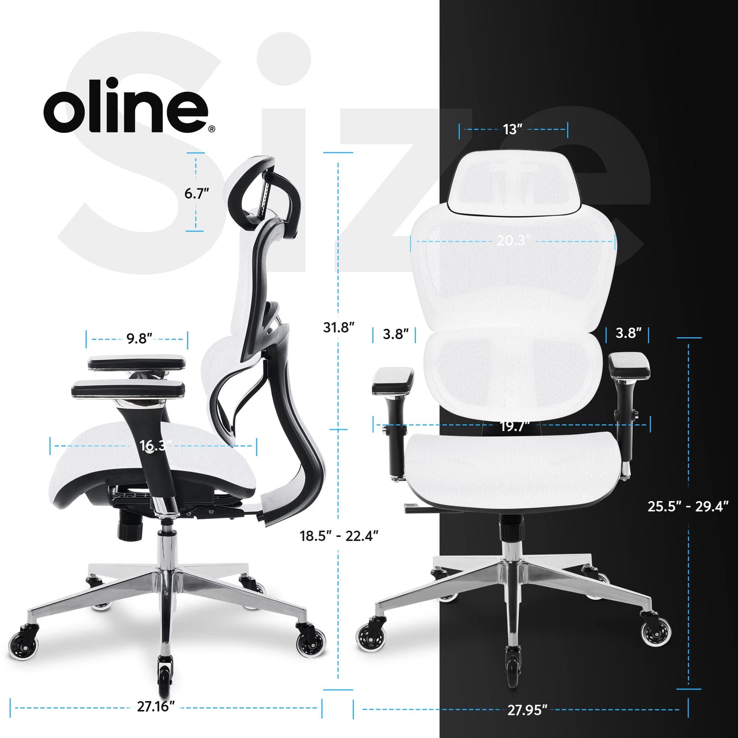 Oline ErgoPro Ergonomic Office Chair with 4D Adjustable Armrest, 3D Lumbar Support and Blade Wheels - Mesh Computer Gaming Rolling Desk Executive Swivel Home Chair (White)