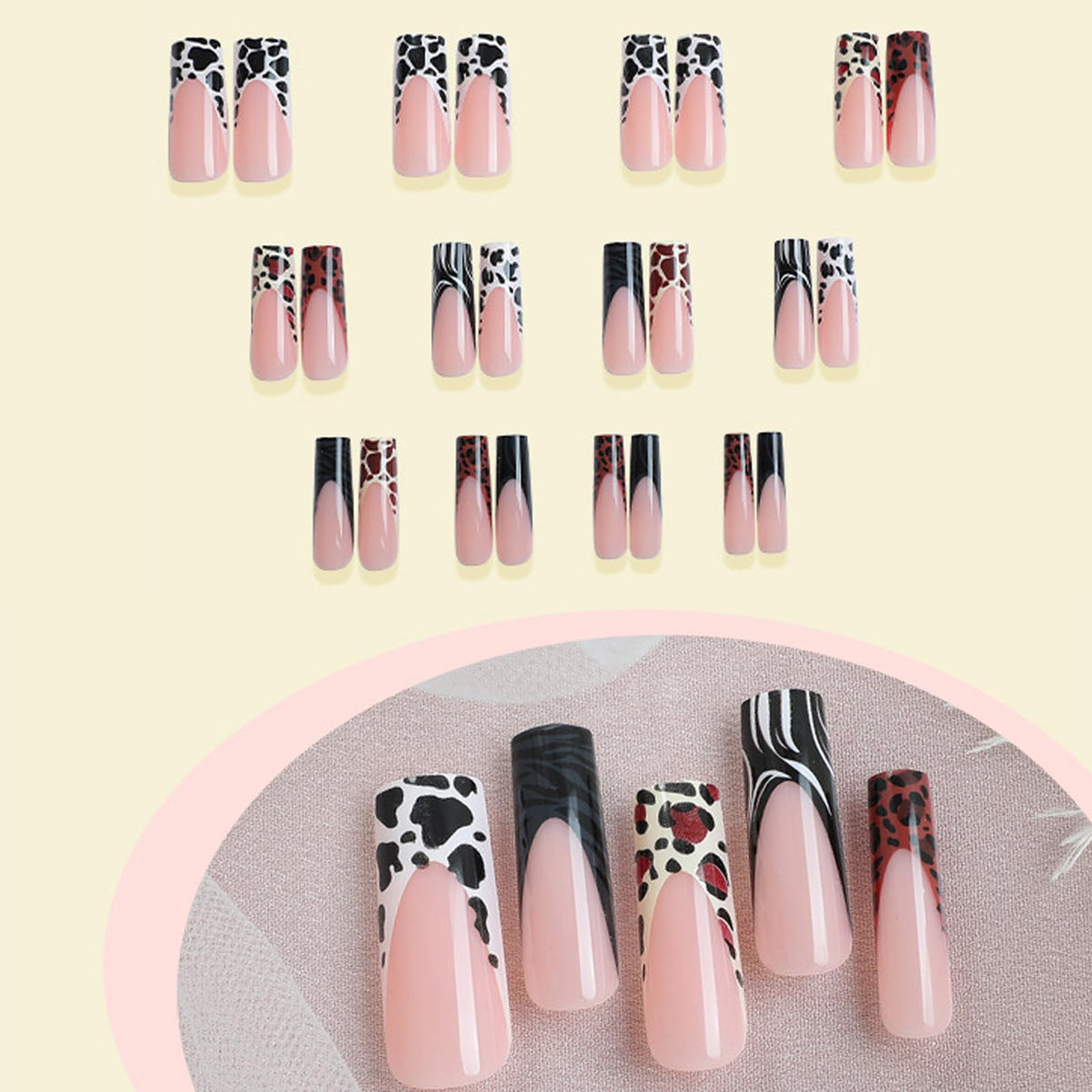 IMSOHOT Fall Press on Nails Long Square Fake Nails Glossy Brown French Tips False Nails with Zebra Stripes & Leopard Print Designs Full Cover Acrylic Glue on Nails for Women 24Pcs