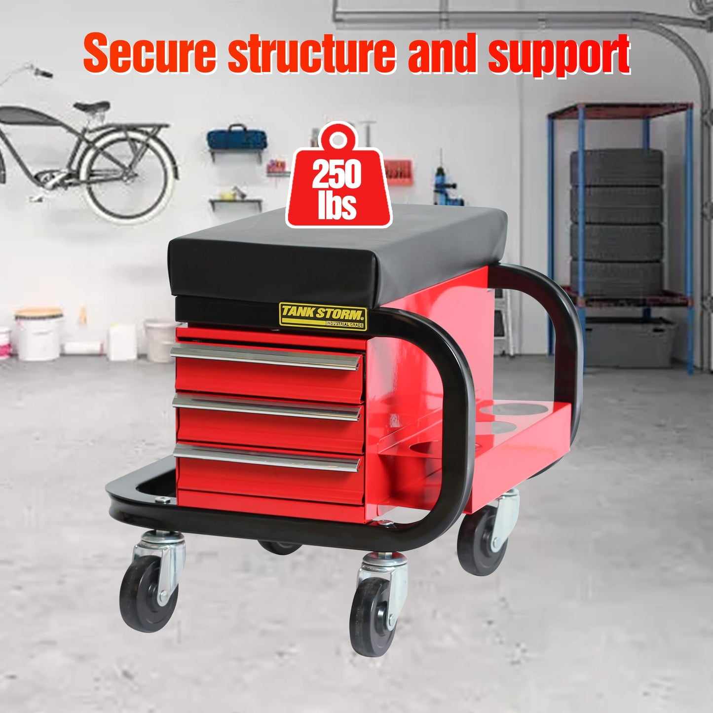 TANKSTORM Tool Box Built-in Creeper Seat, Garage Shop Roller Seat, 3 Drawers Heavy Duty Tool Chest with 4 Rolling Casters-350 Lbs Capacity