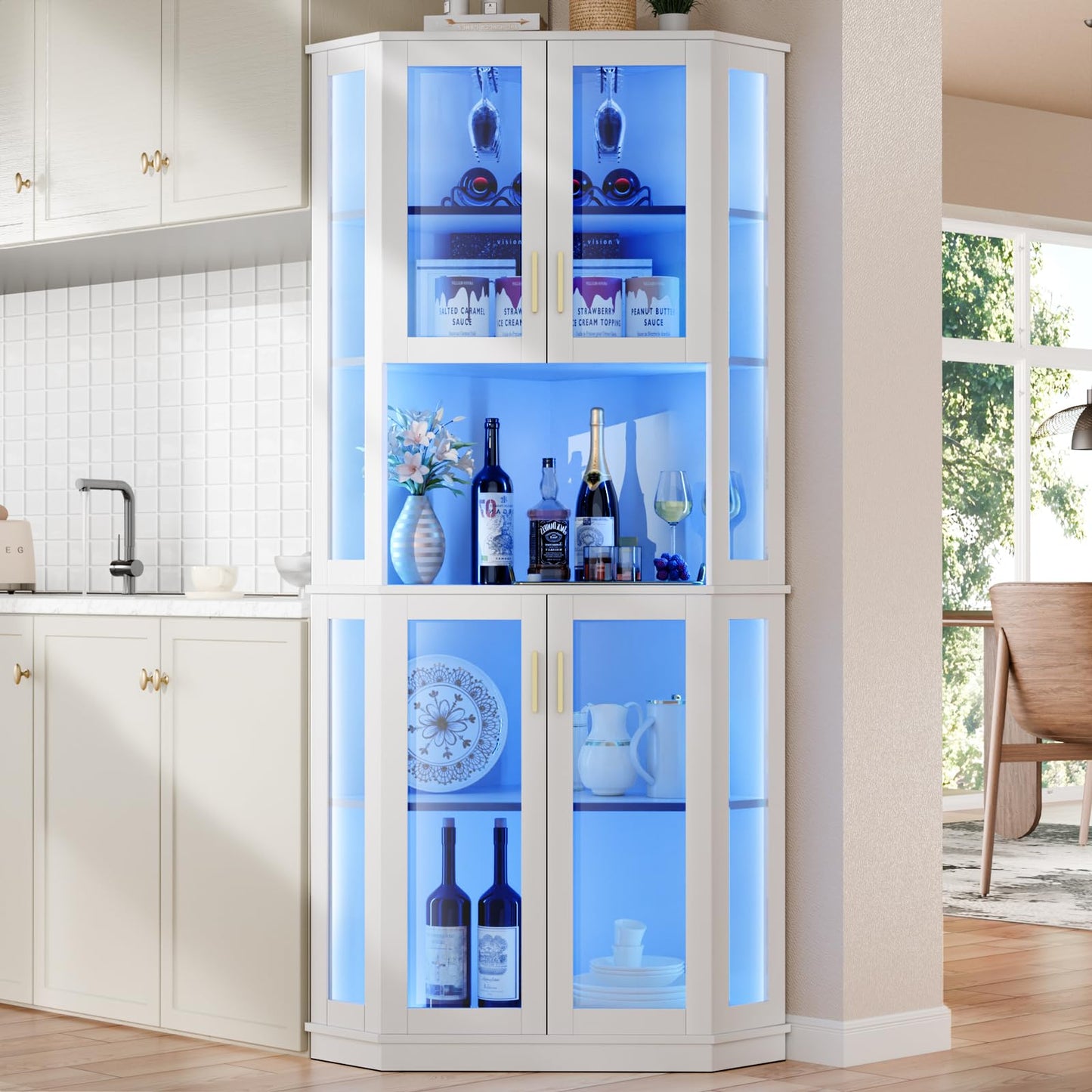 Loomie 71'' Corner Wine Bar Cabinet with LED Lights,5-Tier Tall Home Liquor Coffee Bar Cabinet W with Tempered Glass Door & Glasses Rack, Alcohol Cabinet Storage Hutch for Kitchen,Living Room (White)