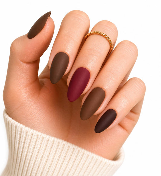 Short Almond Press On Nails – Natural Matte Nude Set, Mocha Brown & Burgundy, Clean Girl Look, Extra Strong Glue, Reusable Fake Nails