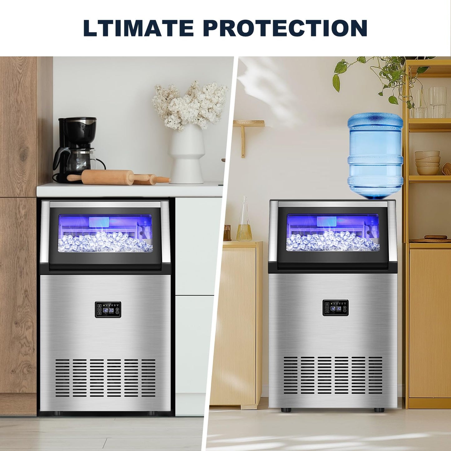 Commercial Ice Maker Machine, 160 lbs/24H with 50 lbs Storage Bin, Dual Water Inlet Options, Under Counter Freestanding Ice Maker for Home, Bar, Support 5-Gallon Bottle Water & Tap Water
