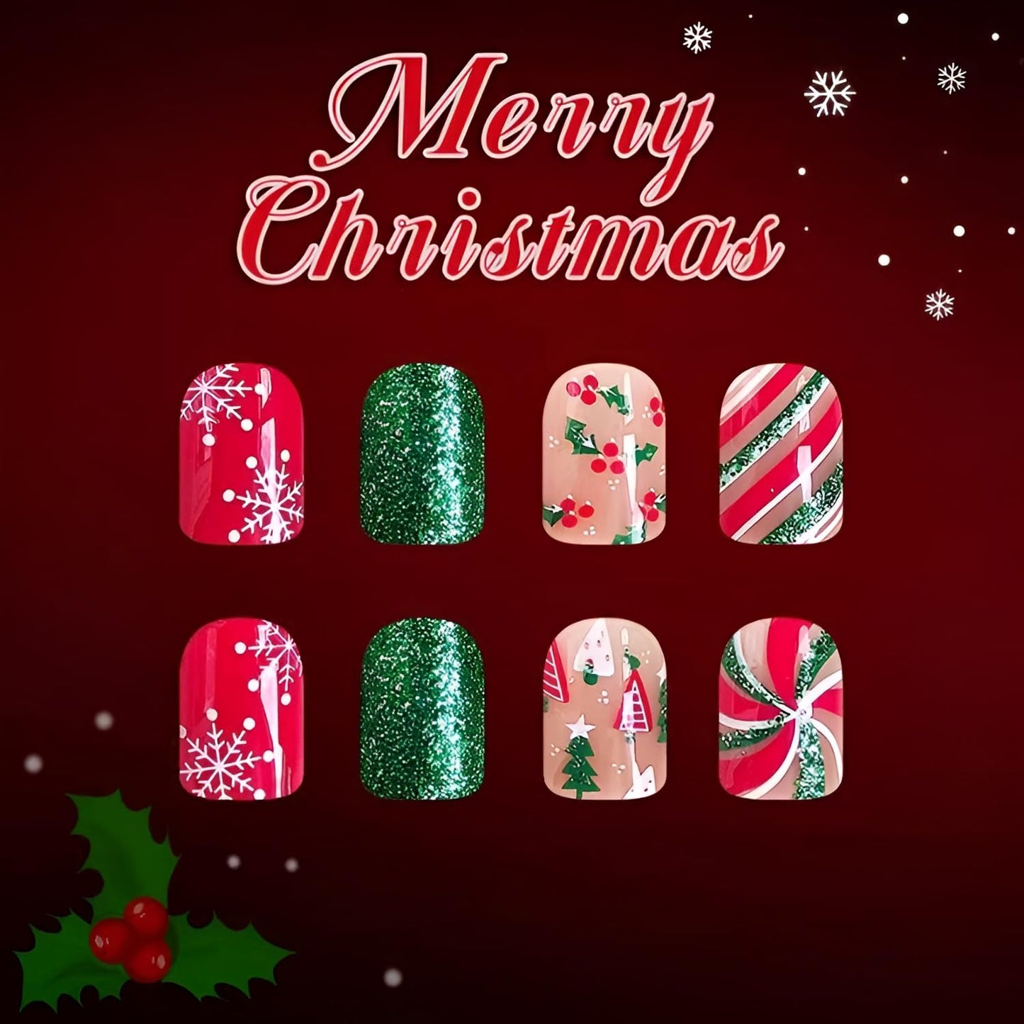 Christmas Press on Nails Short Green Red Fake Nails with Snowflake Design Holiday Nails Press ons Christmas Tree Glue on Nail Glitter Stick on Nail Christmas False Nail for Women Girls 24Pcs