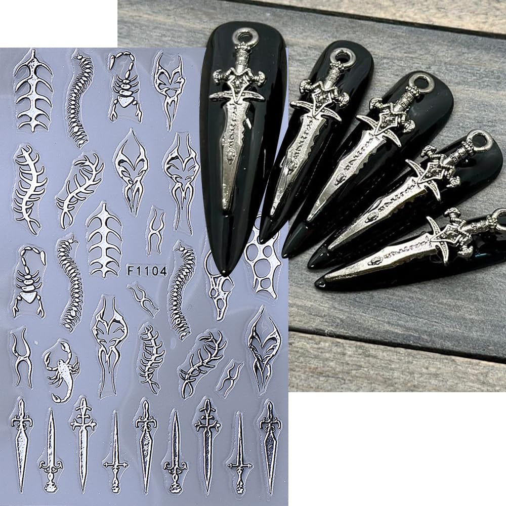 5 Sheets Gothic Nail Stickers for Nail Art, 3D Self-Adhesive Nail Decals Gold Silver Witchy, Nail Supplies Nail Art Designs Accessories for Women and Girls Manicure DIY Decoration
